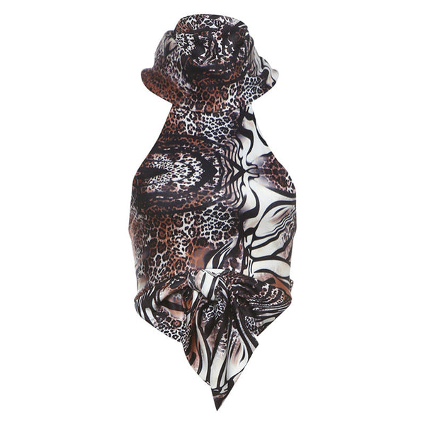 Leopard print halter self tie backless top