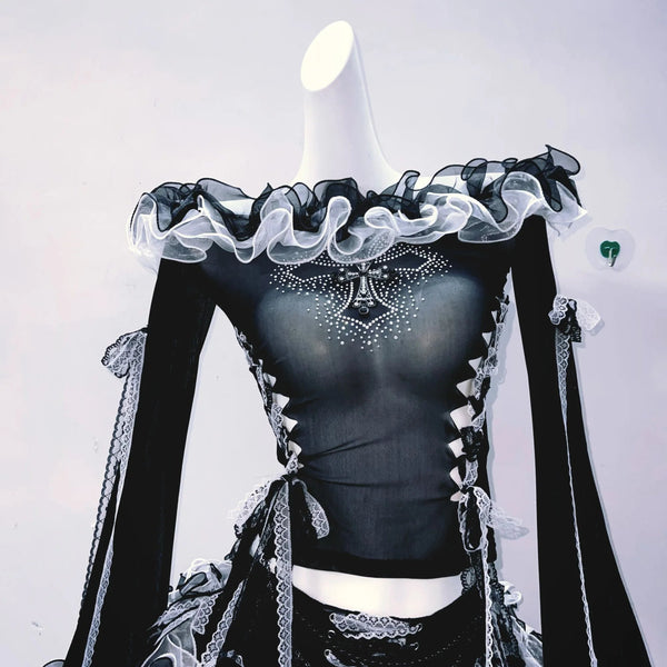 Ruffle hollow out long flared sleeve off shoulder top