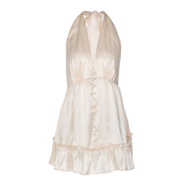 Halter deep v neck satin mini dress