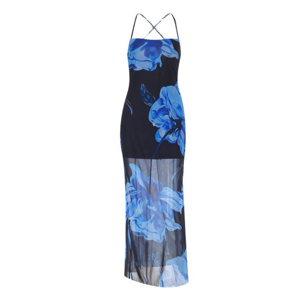 Cross back flower print mesh cami maxi dress