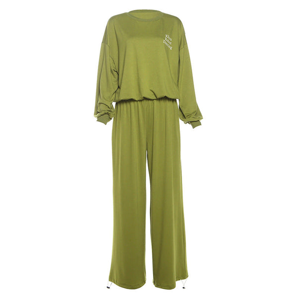 Long sleeve solid letter print crewneck pant set