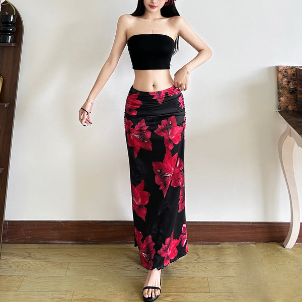 Ruched flower print ruffle tube maxi skirt set