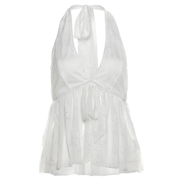 Halter self tie v neck lace backless top