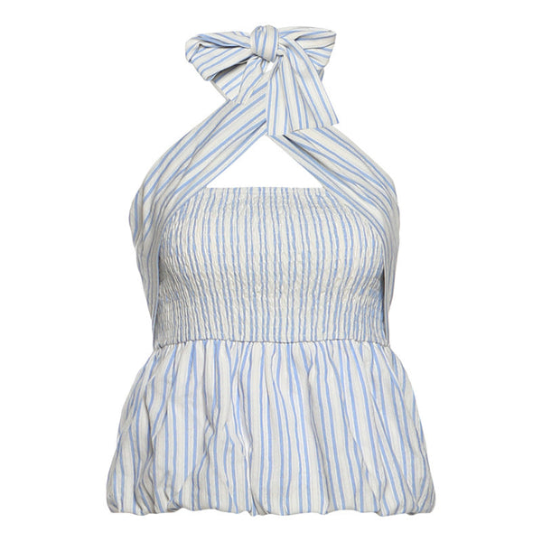 Striped print smocked halter top