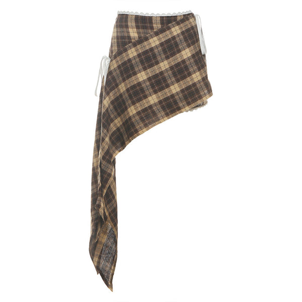 Plaid irregular zip-up lace hem mini skirt