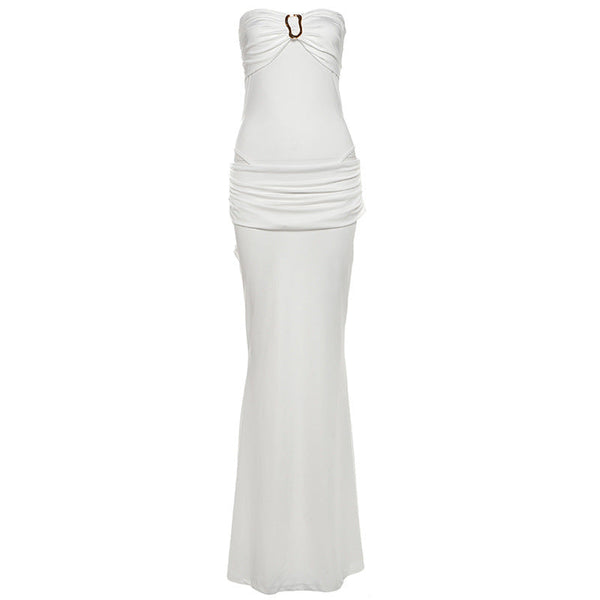 Ruched button backless tube maxi skirt set