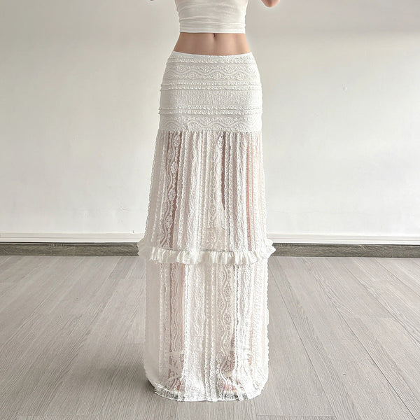 Lace ruffle solid hollow out maxi skirt