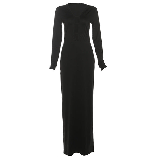 Long sleeve hollow out v neck solid maxi dress