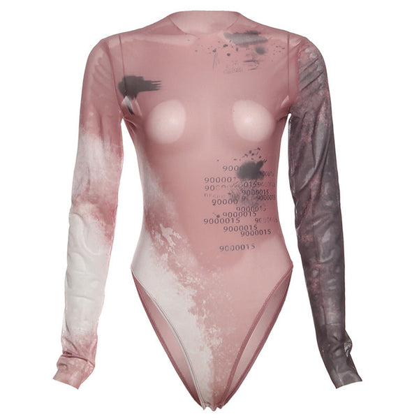 Long sleeve crewneck print sheer mesh bodysuit