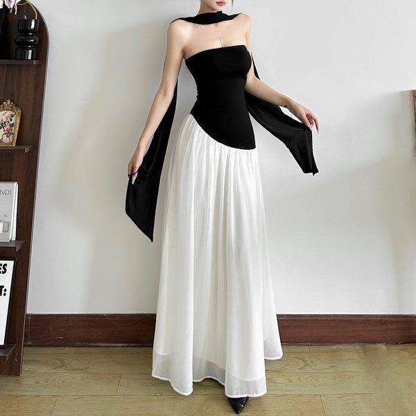 Ruched irregular backless tube maxi dress