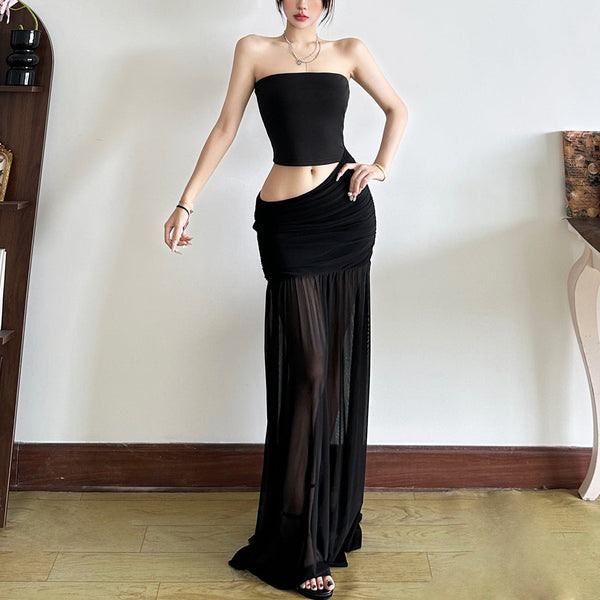 Hollow out ruched mesh tube maxi dress