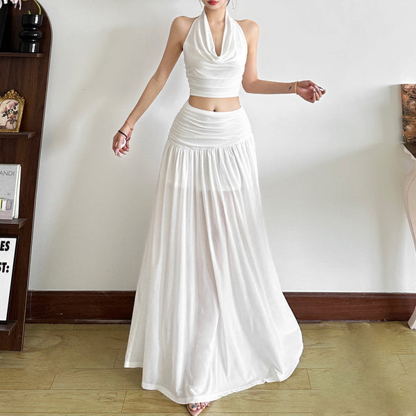 Cowl neck halter ruched backless maxi skirt set