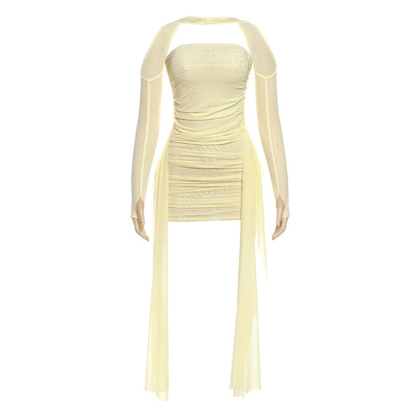 Mesh ruched gloves backless tube mini dress