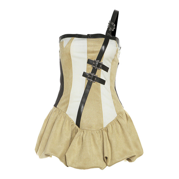 Irregular one shoulder ruched buckle mini dress