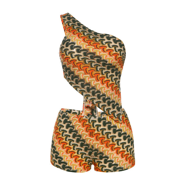 One shoulder self tie knitted irregular pant set