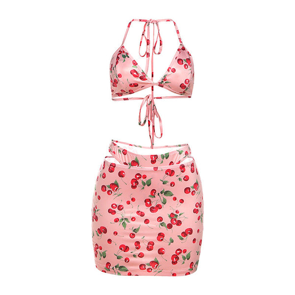 Halter self tie Cherry print v neck bikini swimwear