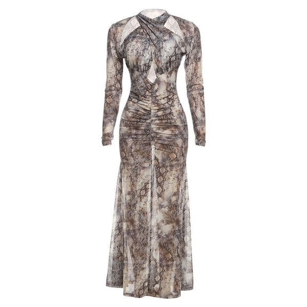 Long sleeve hollow out snakeskin print maxi dress