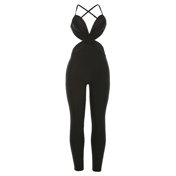 Cross back v neck ruched zip-up jumpsuit