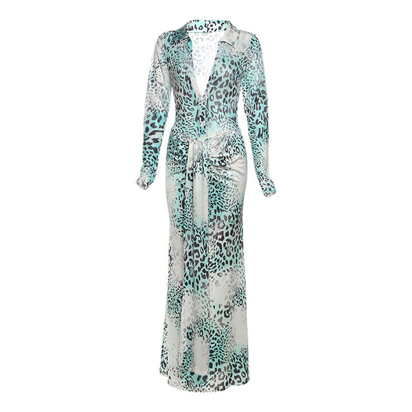 Long sleeve leopard print v neck maxi skirt set