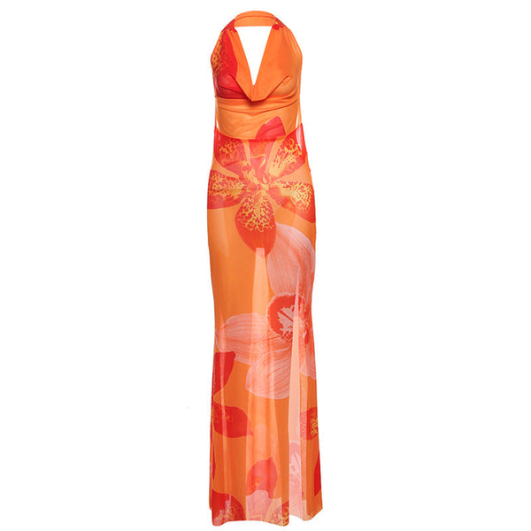 Halter cowl neck mesh slit flower print maxi dress