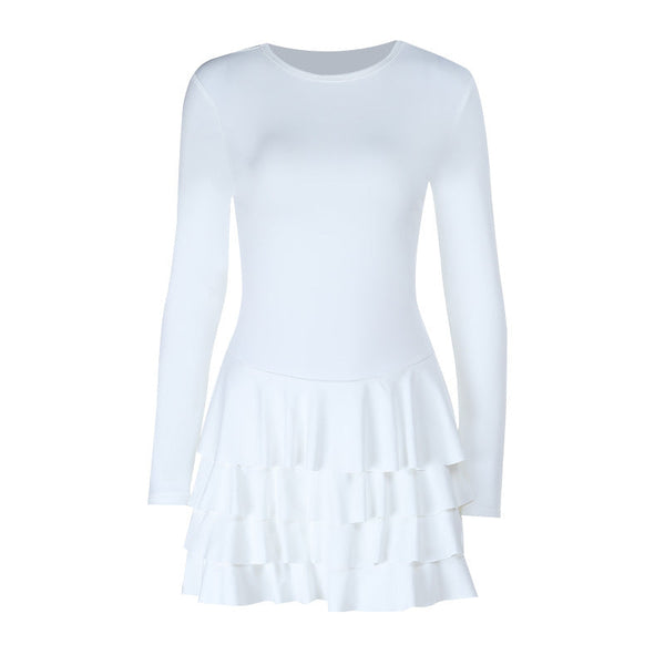 Crewneck long sleeve solid ruffle mini dress