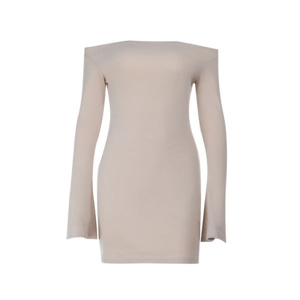 Off shoulder long flared sleeve solid mini dress