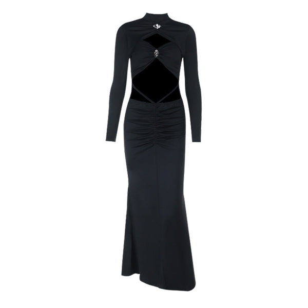Long sleeve high neck hollow out maxi dress