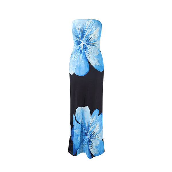 Flower print backless tube maxi dress