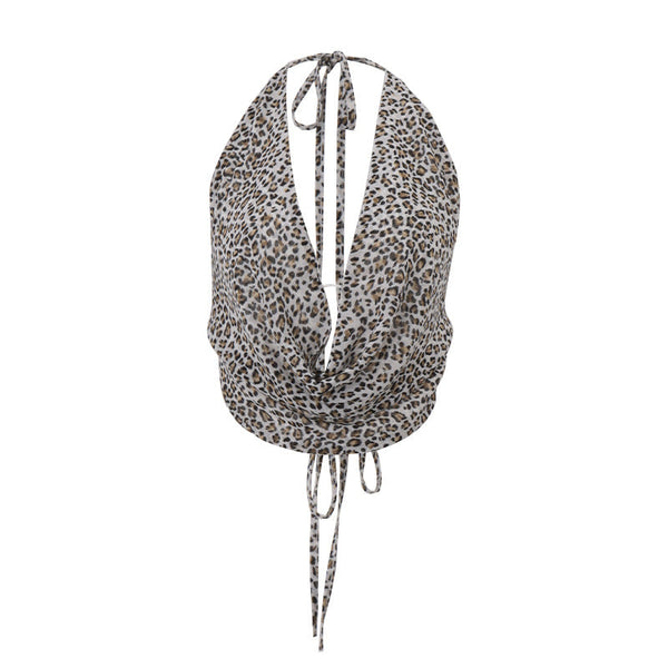 Leopard print cowl neck halter self tie top