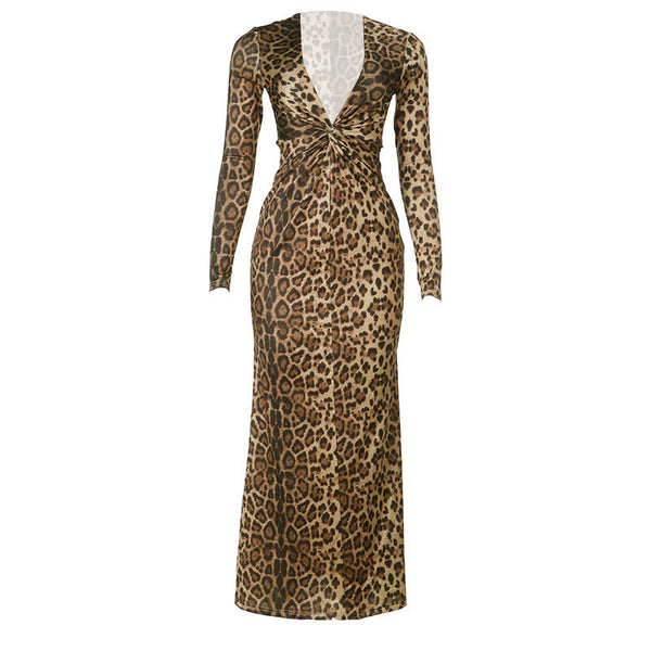 Leopard print v neck long sleeve maxi dress