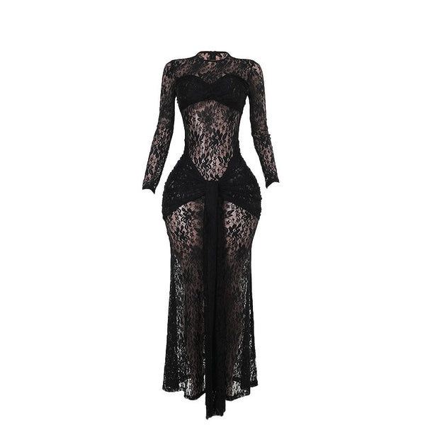 Long sleeve lace ruched crewneck maxi dress