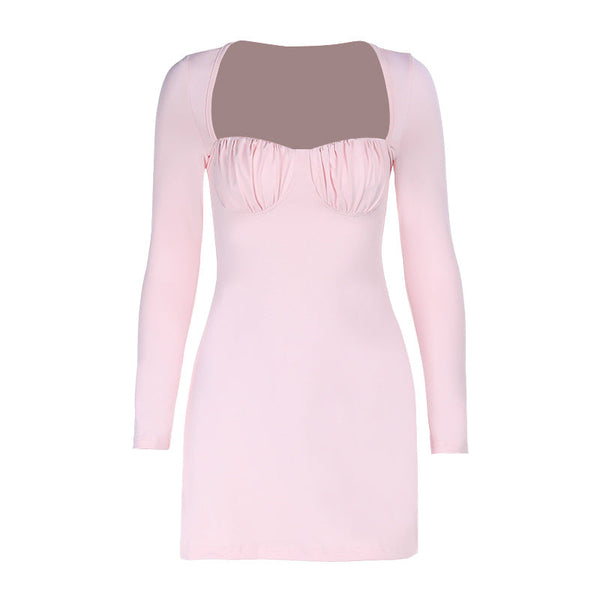 Ruched long sleeve solid mini dress