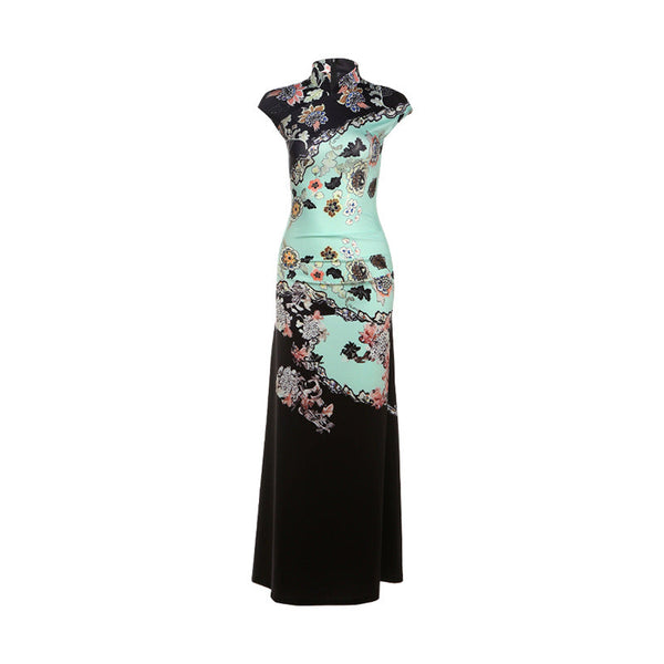 Cap sleeve flower print zip-up maxi dress