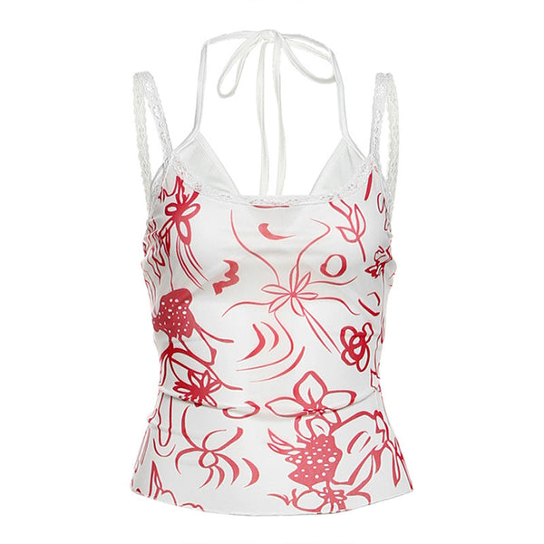 Self tie halter print mesh lace hem 2 piece top