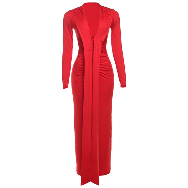 V neck long sleeve ruched solid maxi dress