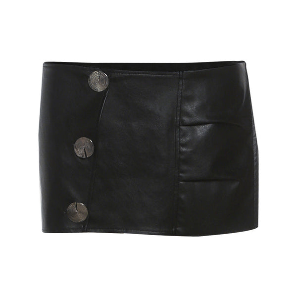 Button PU leather pleated solid mini skirt