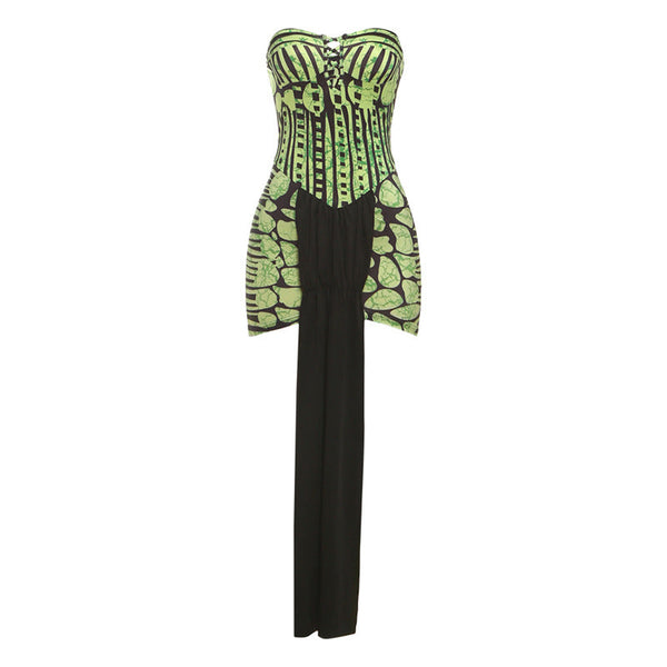 Hollow out print contrast tube mini dress