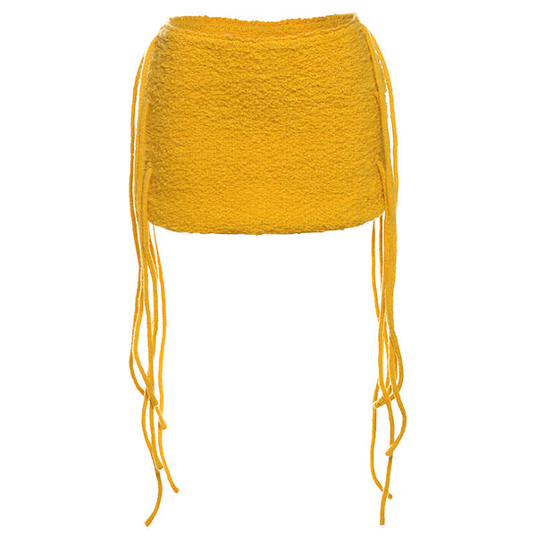 Fluffy tassels knitted solid skirt set