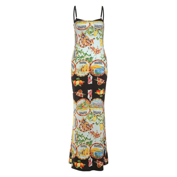 Print contrast backless cami maxi dress