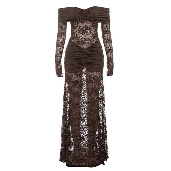 Ruched long sleeve lace off shoulder maxi dress