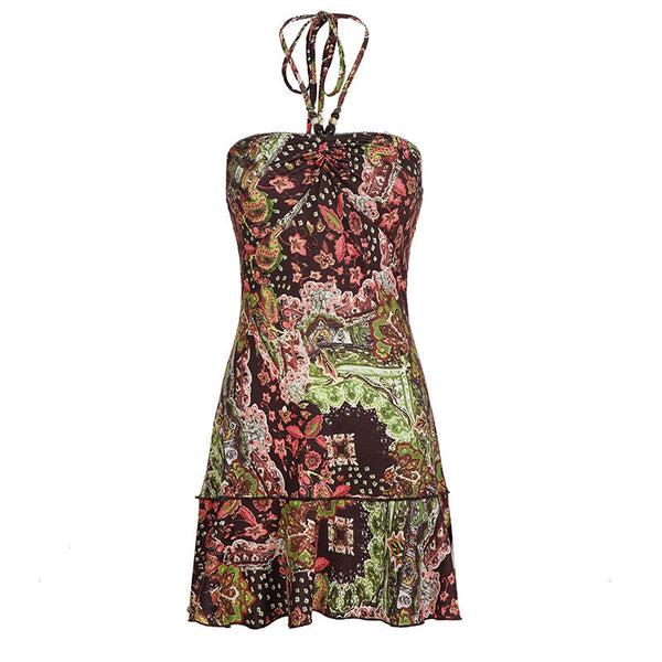 Self tie halter print beaded mini dress