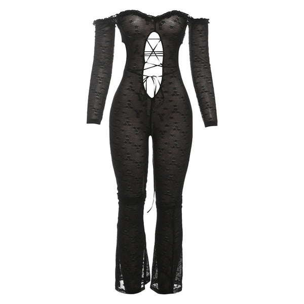 Off shoulder long sleeve hollow out lace hem jumpsuit
