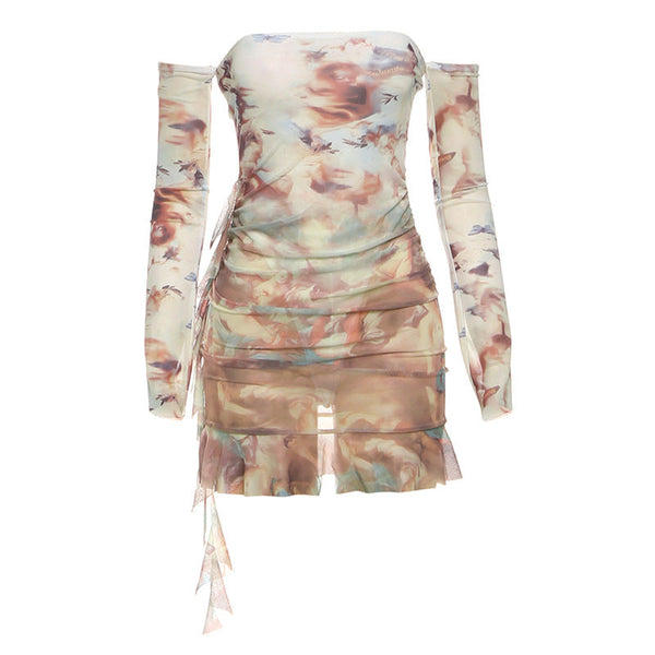 Long sleeve off shoulder print irregular mini dress