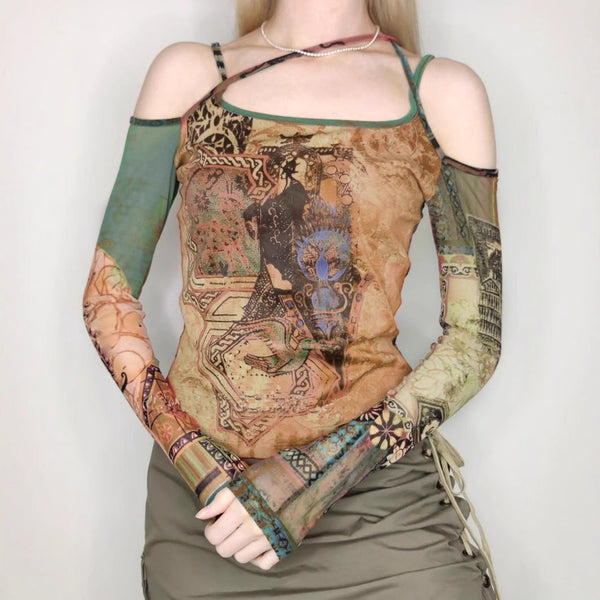 Long sleeve print mesh off shoulder cami top