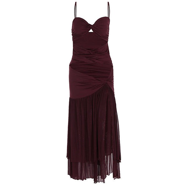 Hollow out ruched slit v neck cami maxi dress