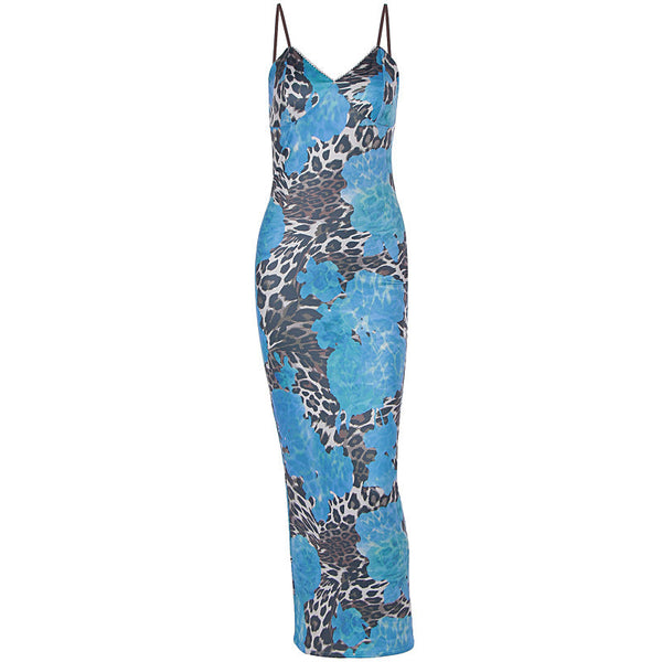 V neck flower print backless cami maxi dress