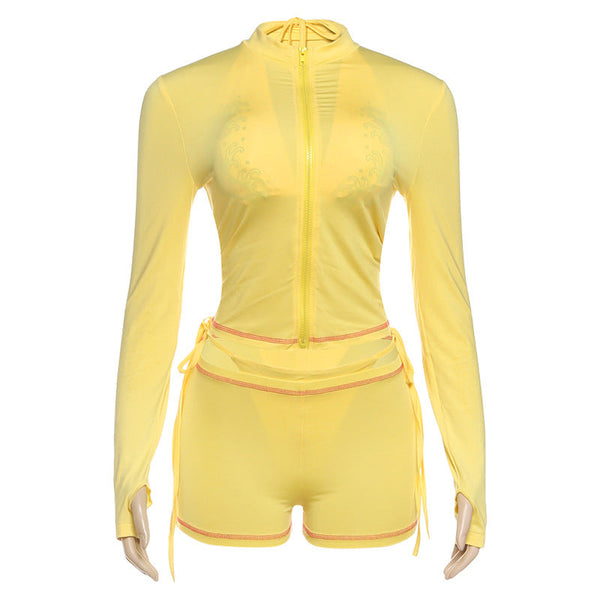 Long sleeve gloves zip-up stitch 4 piece pant set