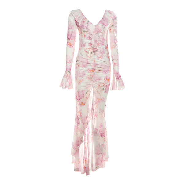 Long flared sleeve v neck flower print mesh maxi dress
