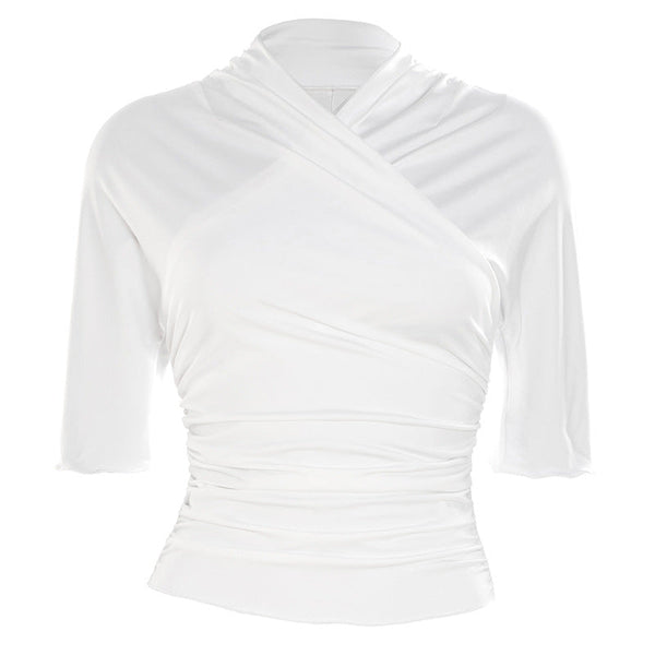 Ruched solid short sleeve cross front top