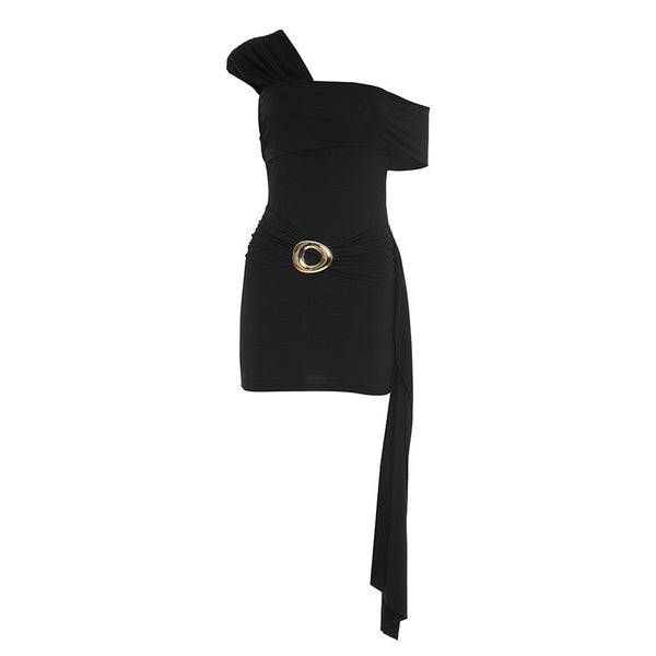 One shoulder ruched metal applique mini dress